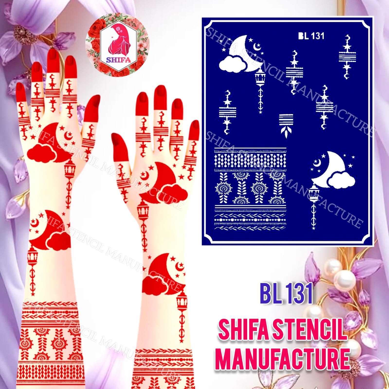 BL131 Chand Raat Serenity Mehndi Double Hand Henna Stencil - Shifa Stencil